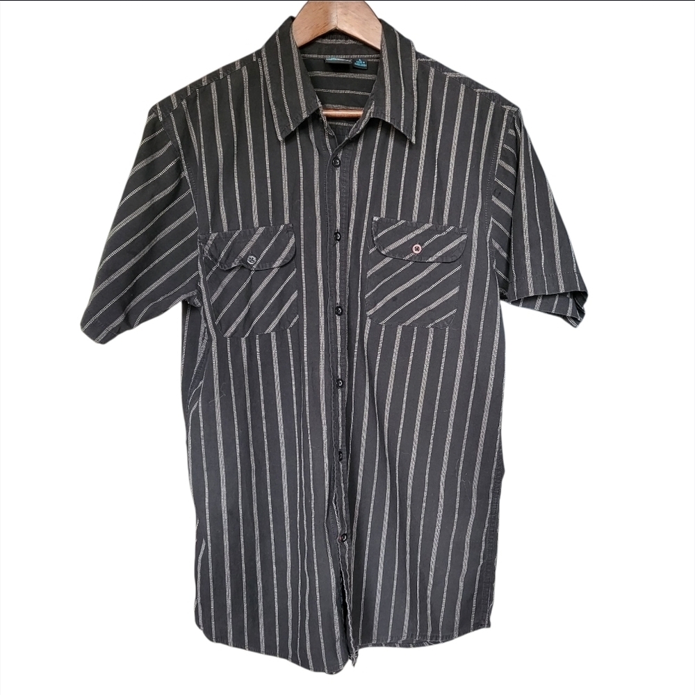 Burnside Ryan Sheckler Button Black White Striped Short Sleeve Skater Shirt Sz L